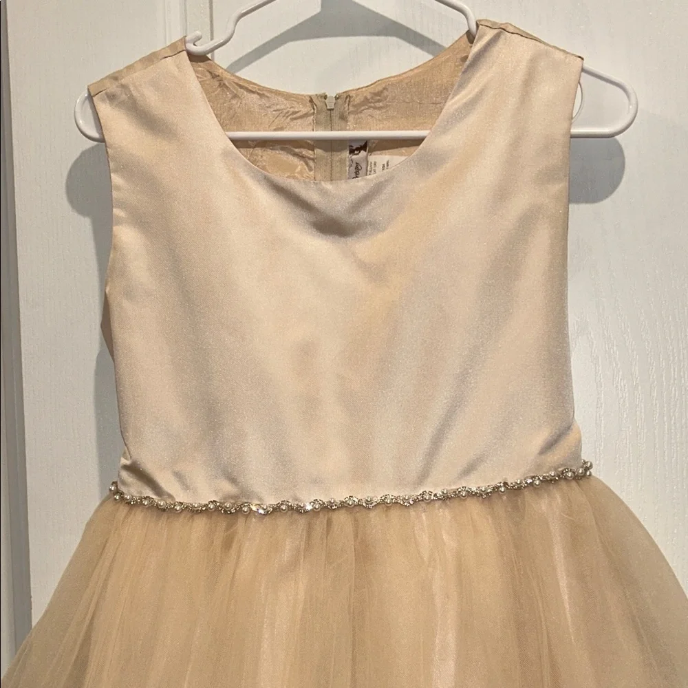 Kid’s Dream Satin Top Girls Dress with Wavy Rhinestone & Pearl Trim, Size 18.5